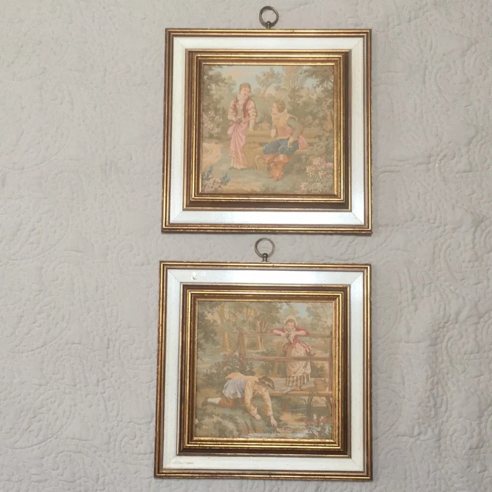 2 Vintage Tapestry Pictures Romantic Victorian Wall Art Sungott Art Studios NY